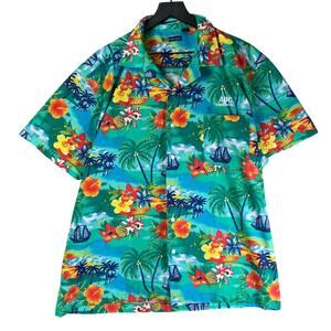 Hawaiian Shirt‎ XL Tropical Palm Tree Sailboat Floral Cotton Blend Vacation